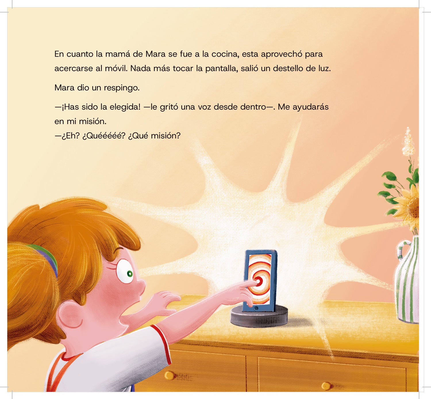 Niña descubriendo el móvil hipnótico, ilustración de Invasión de móviles