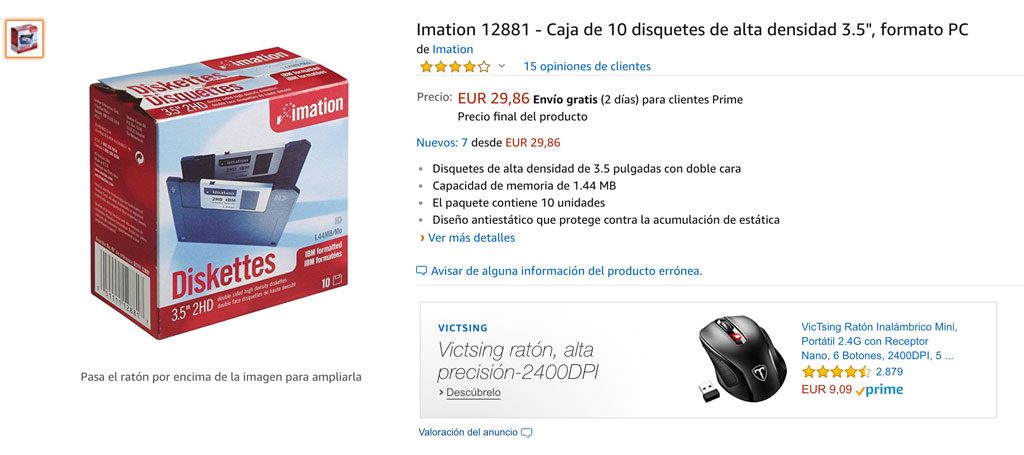 Caja de disquetes Imation en Amazon con un PVP de casi 30€